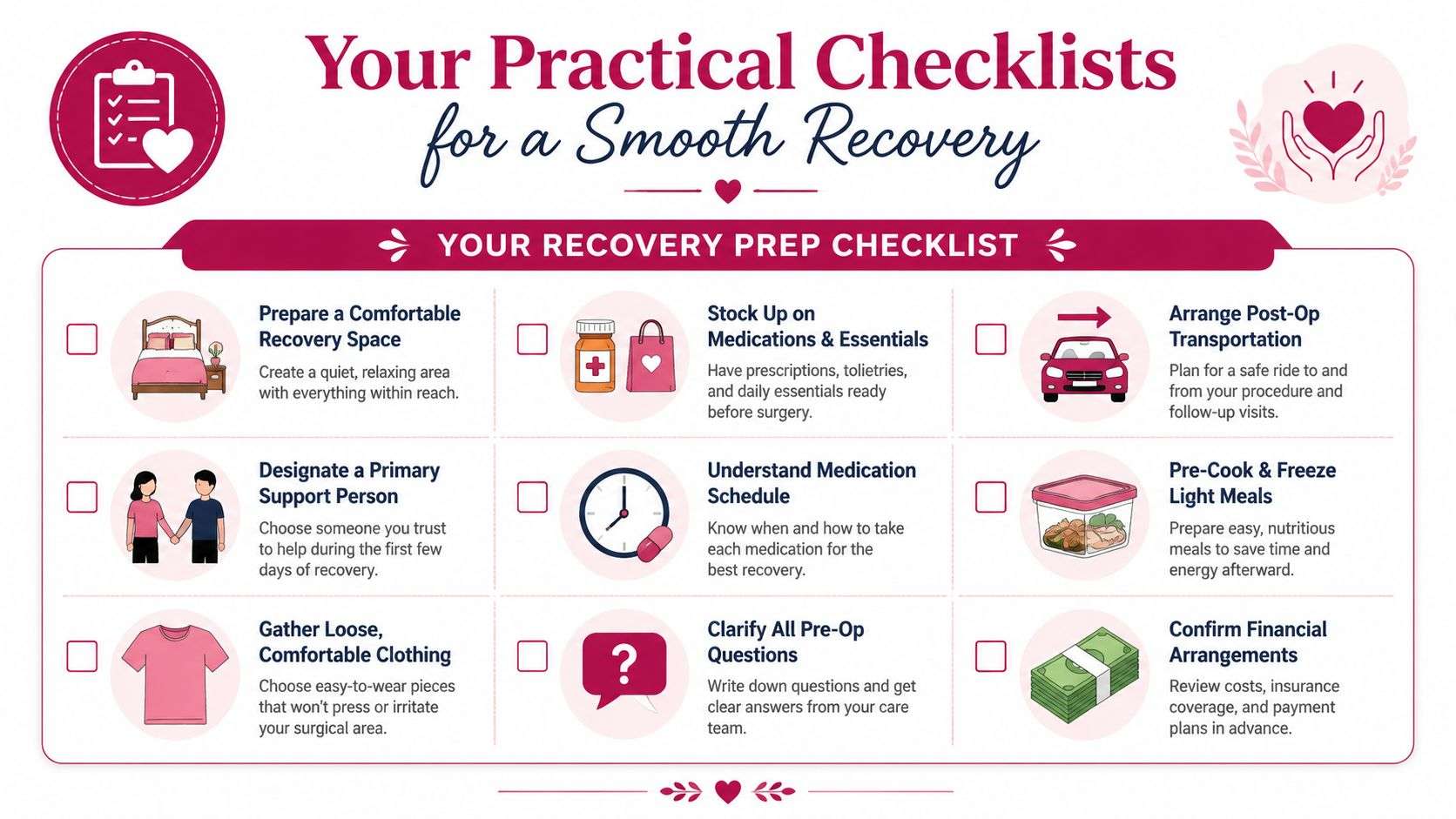 A checklist infographic titled Your Practical Checklists for a Smooth Recovery, outlining pre-surgery preparation steps.