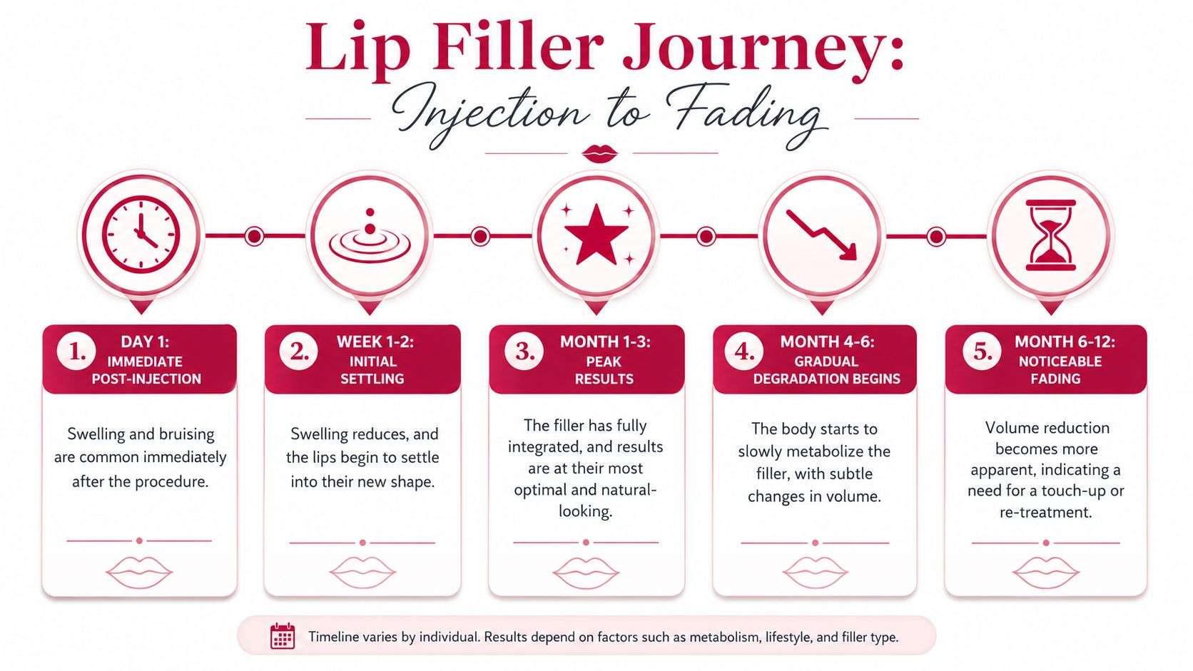 An infographic detailing the timeline of the lip filler journey from immediate post-injection to eventual fading.
