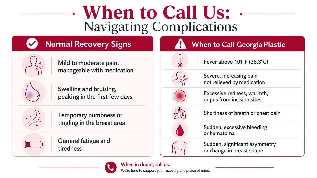 An infographic titled When to Call Us listing normal breast surgery recovery signs versus medical warning complications.