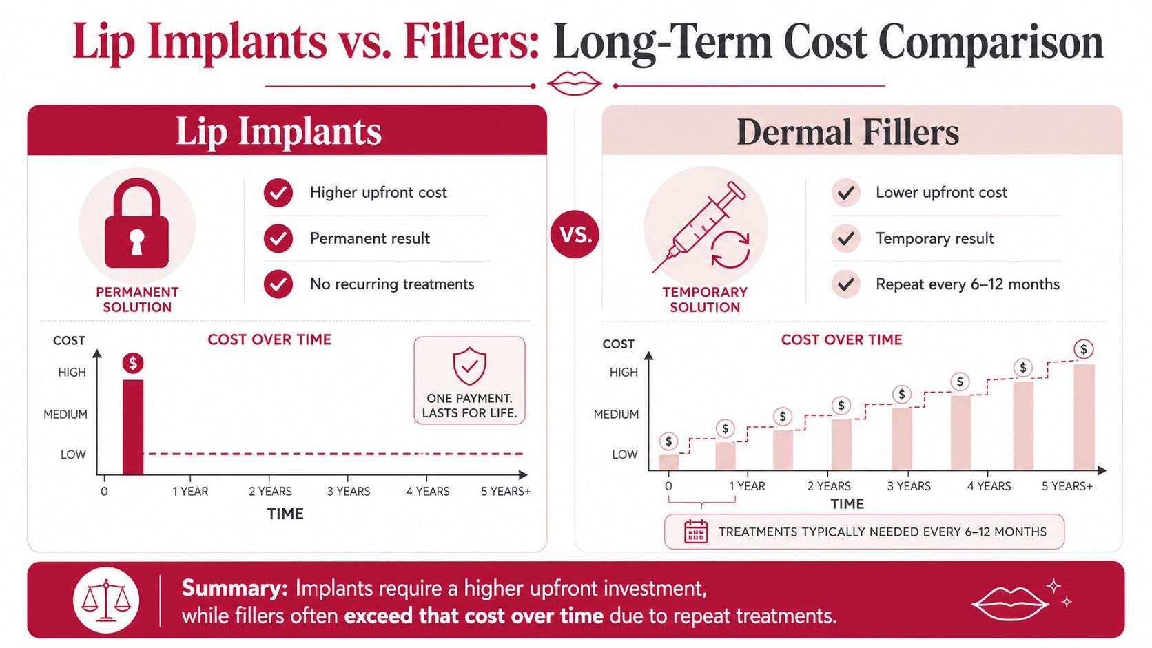 A comparative infographic showing the long-term cost differences between permanent lip implants and temporary dermal filler treatments.