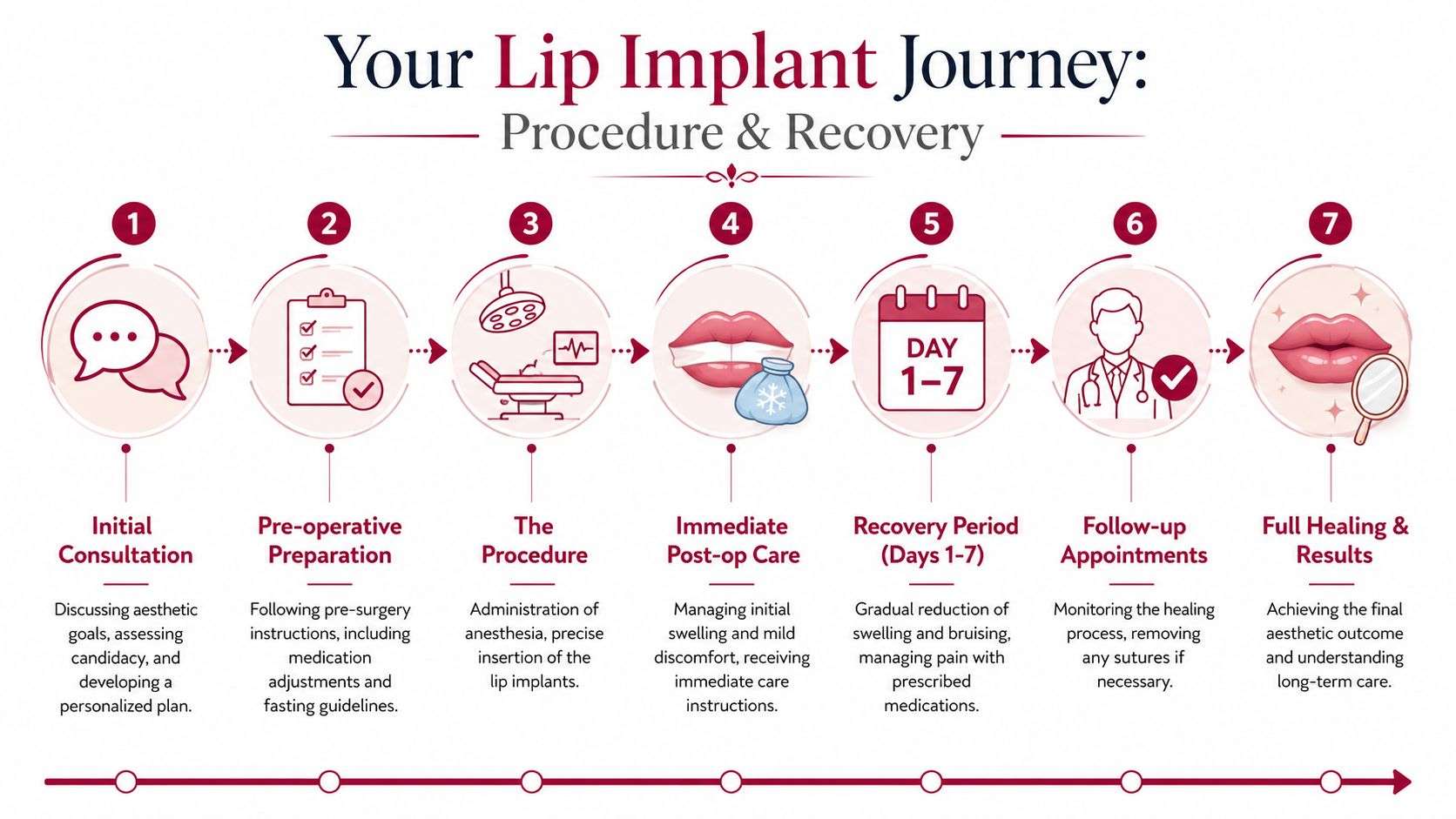 A detailed infographic illustrating the seven-step journey of a lip implant procedure from consultation to final results.