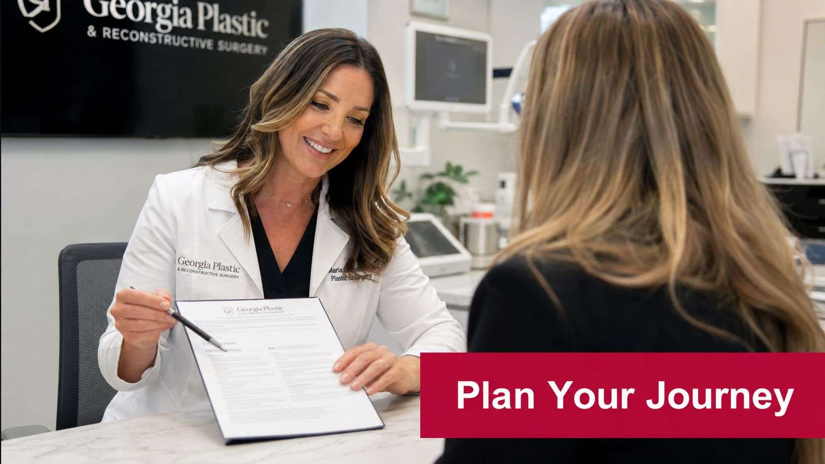 A female plastic surgeon in a white coat explains a medical procedure to a patient during consultation.