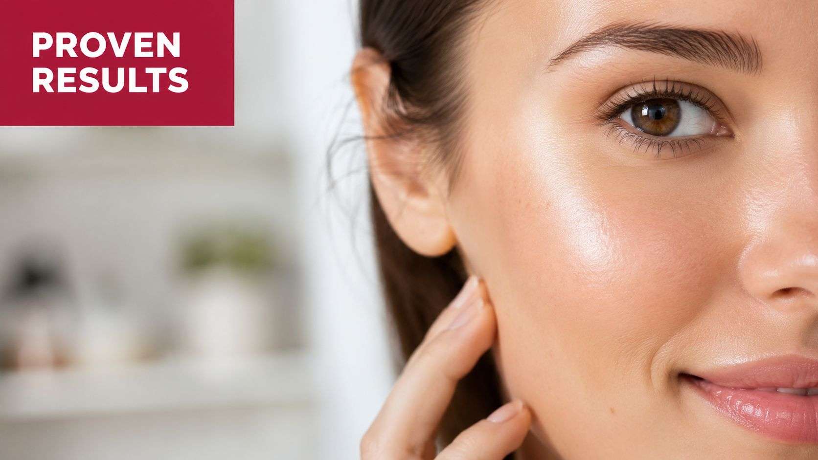 A close-up shot of a woman with glowing, healthy skin touching her face with her hand.