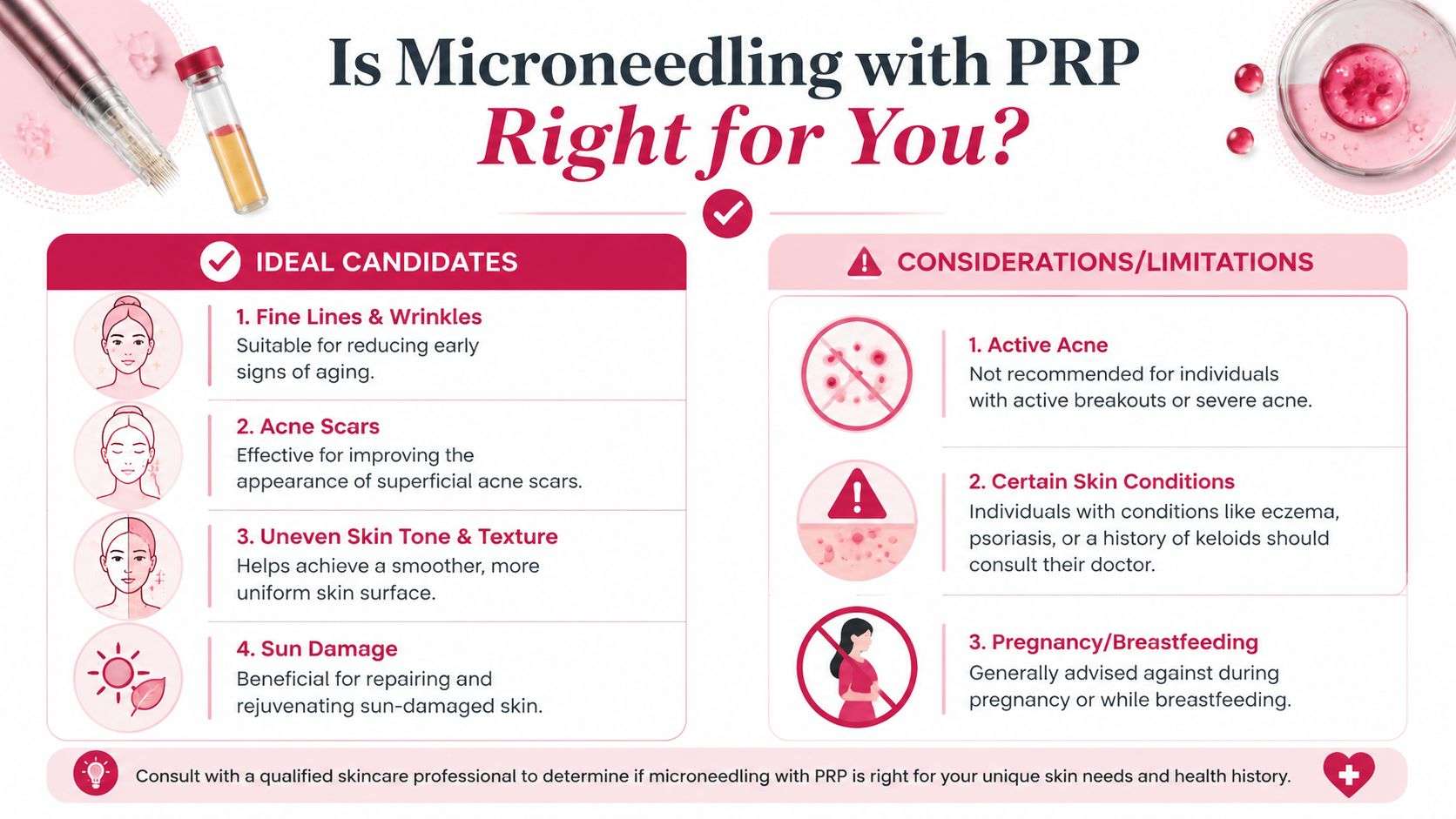 An infographic titled Is Microneedling with PRP Right for You, listing ideal candidates and treatment considerations.
