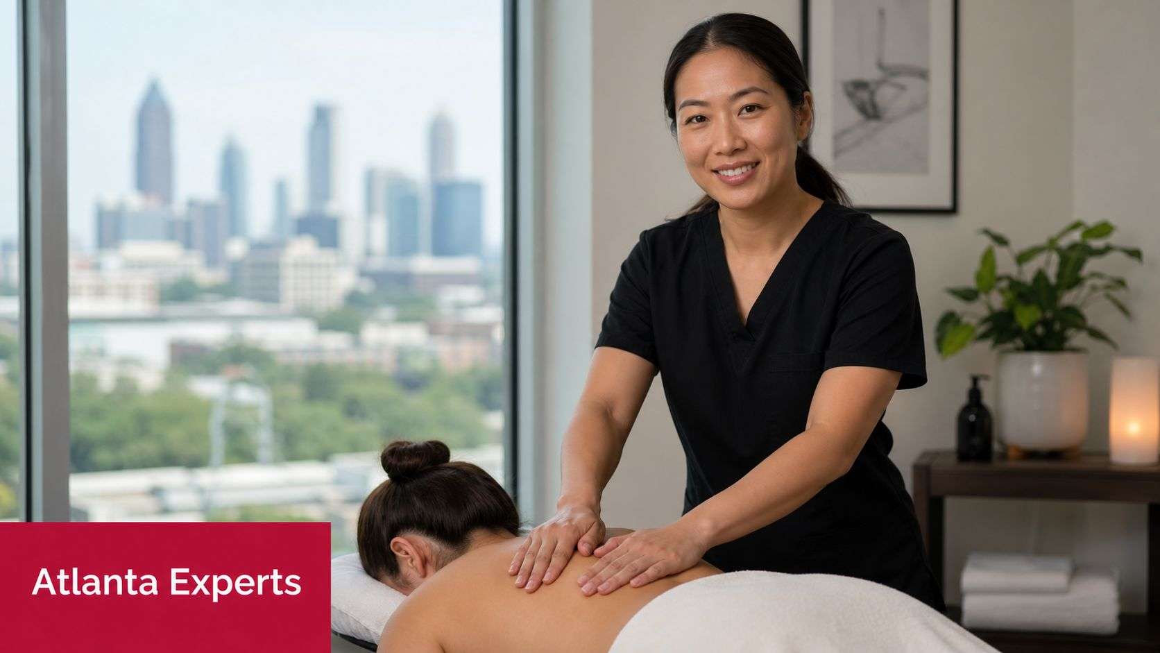 A professional massage therapist provides post-surgery massage therapy in an office with an Atlanta skyline view.