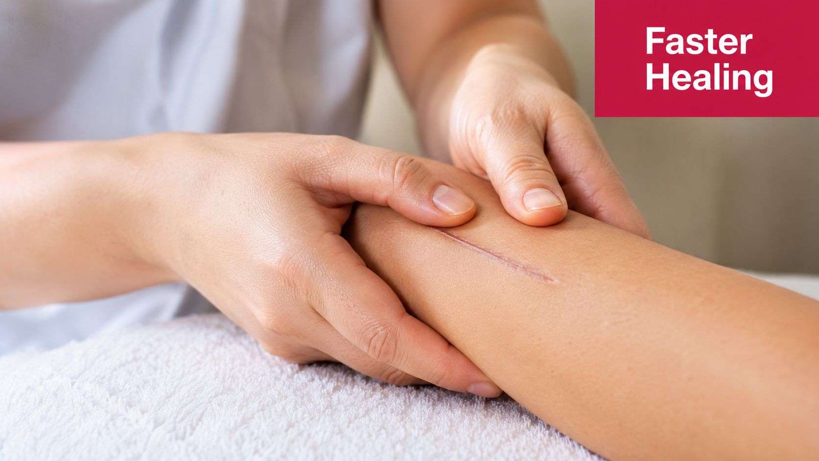 A professional therapist gently performing a post surgery massage on a patient's arm to promote healing.