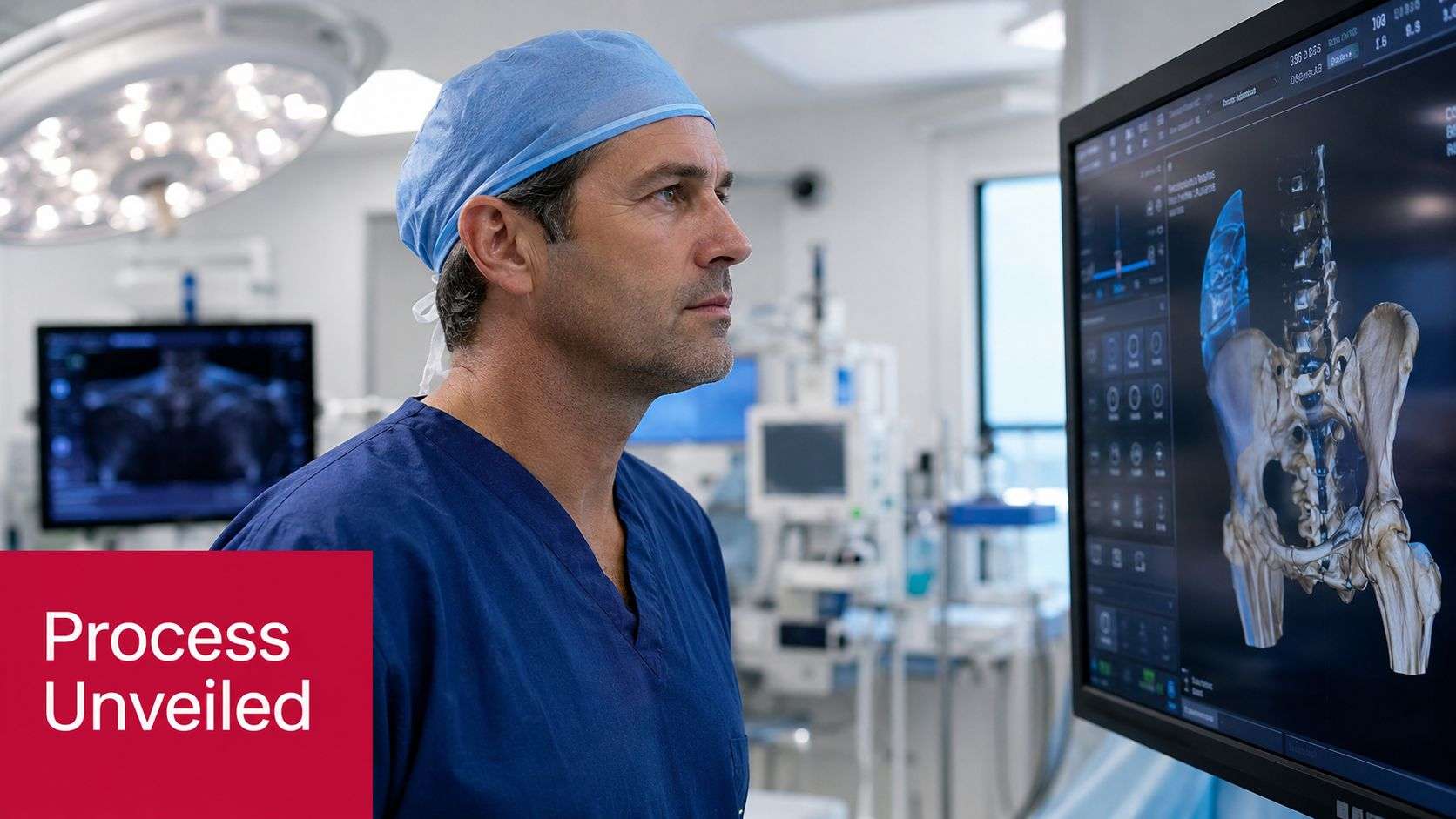A surgeon in a blue scrub top and cap observing a 3D medical scan of a human pelvis.