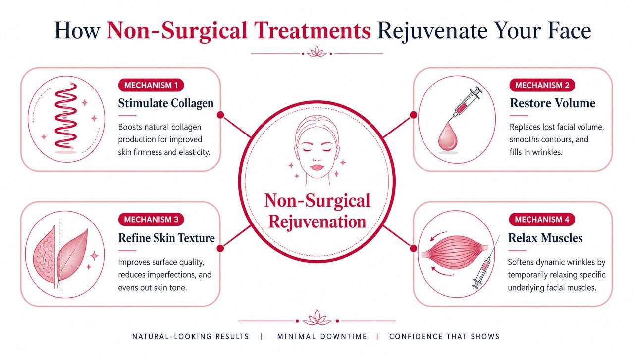 An infographic detailing four primary mechanisms of non-surgical facial rejuvenation including collagen stimulation and muscle relaxation.