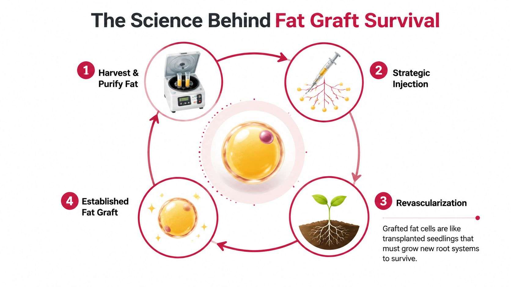 A diagram illustrating the four-step scientific process of fat graft survival, including harvesting, injection, and revascularization.