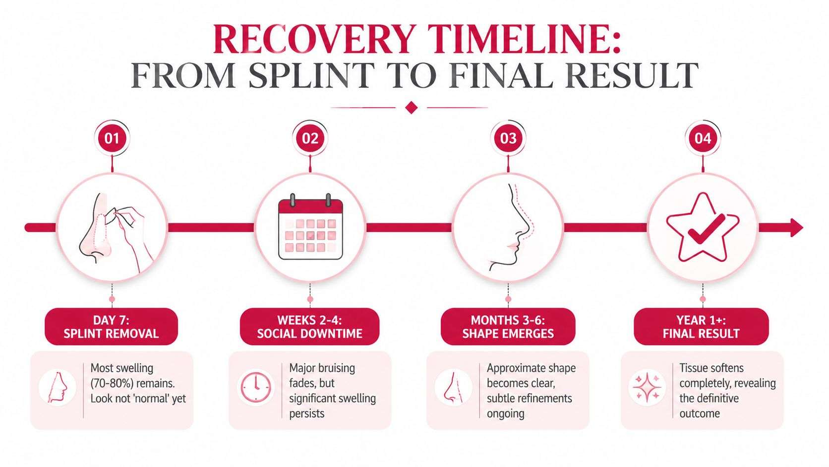 A detailed medical infographic illustrating the recovery timeline following a rhinoplasty procedure from splint removal to final result.