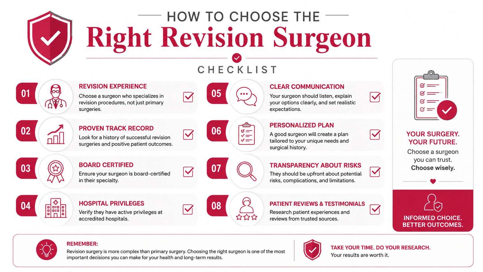 A checklist infographic titled How to Choose the Right Revision Surgeon with eight key criteria.