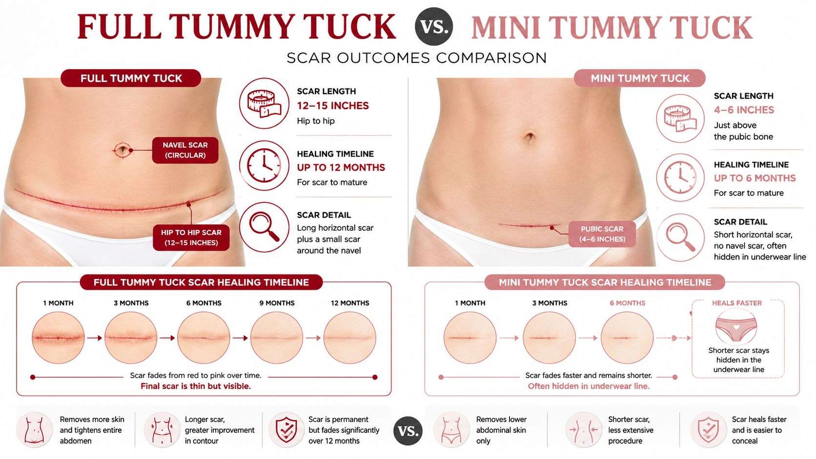 A comparative infographic showing scar locations and healing timelines for full tummy tuck versus mini tummy tuck surgeries.