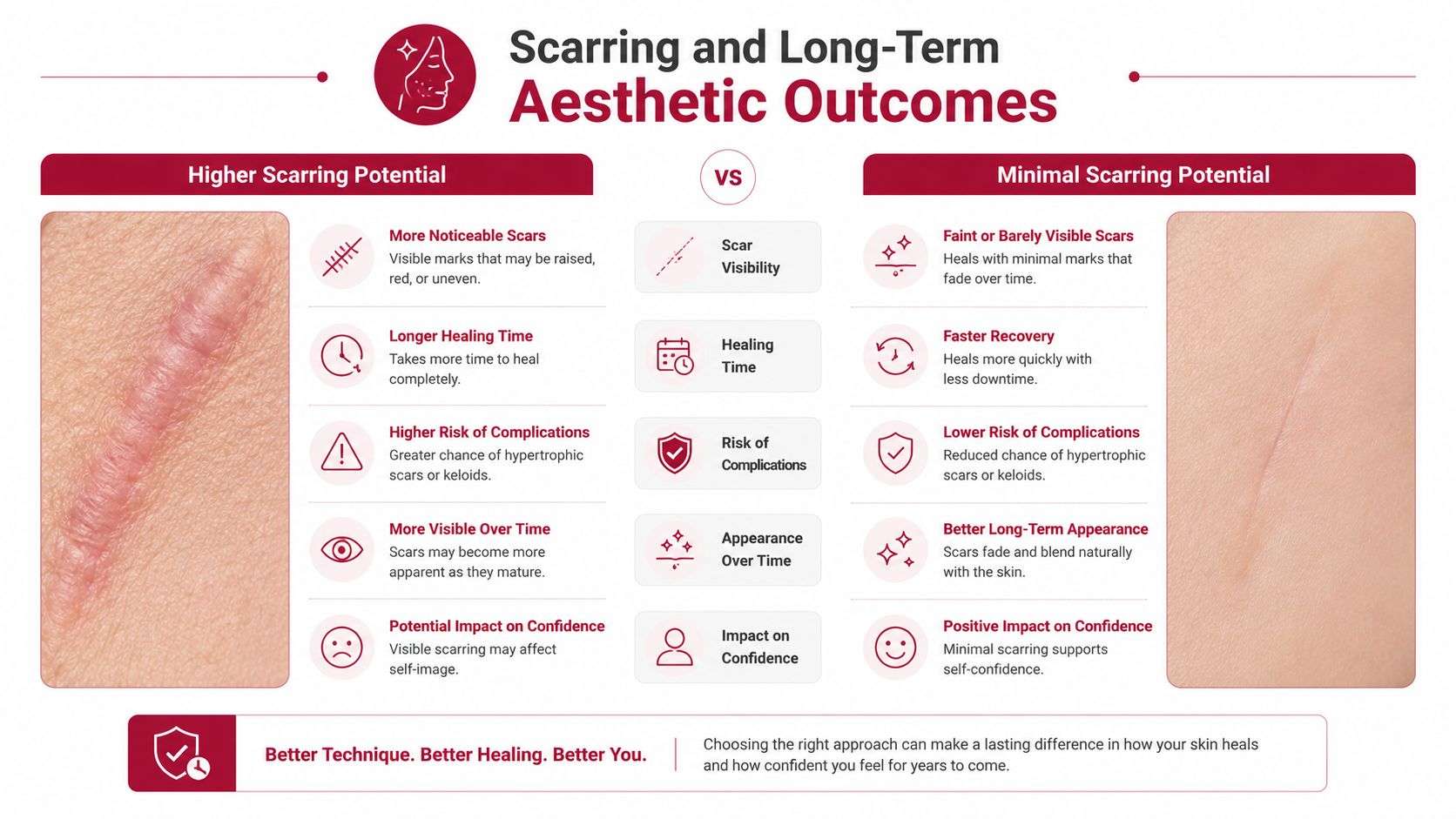 A comparison chart showing how different healing techniques impact skin scarring and long-term aesthetic outcomes.
