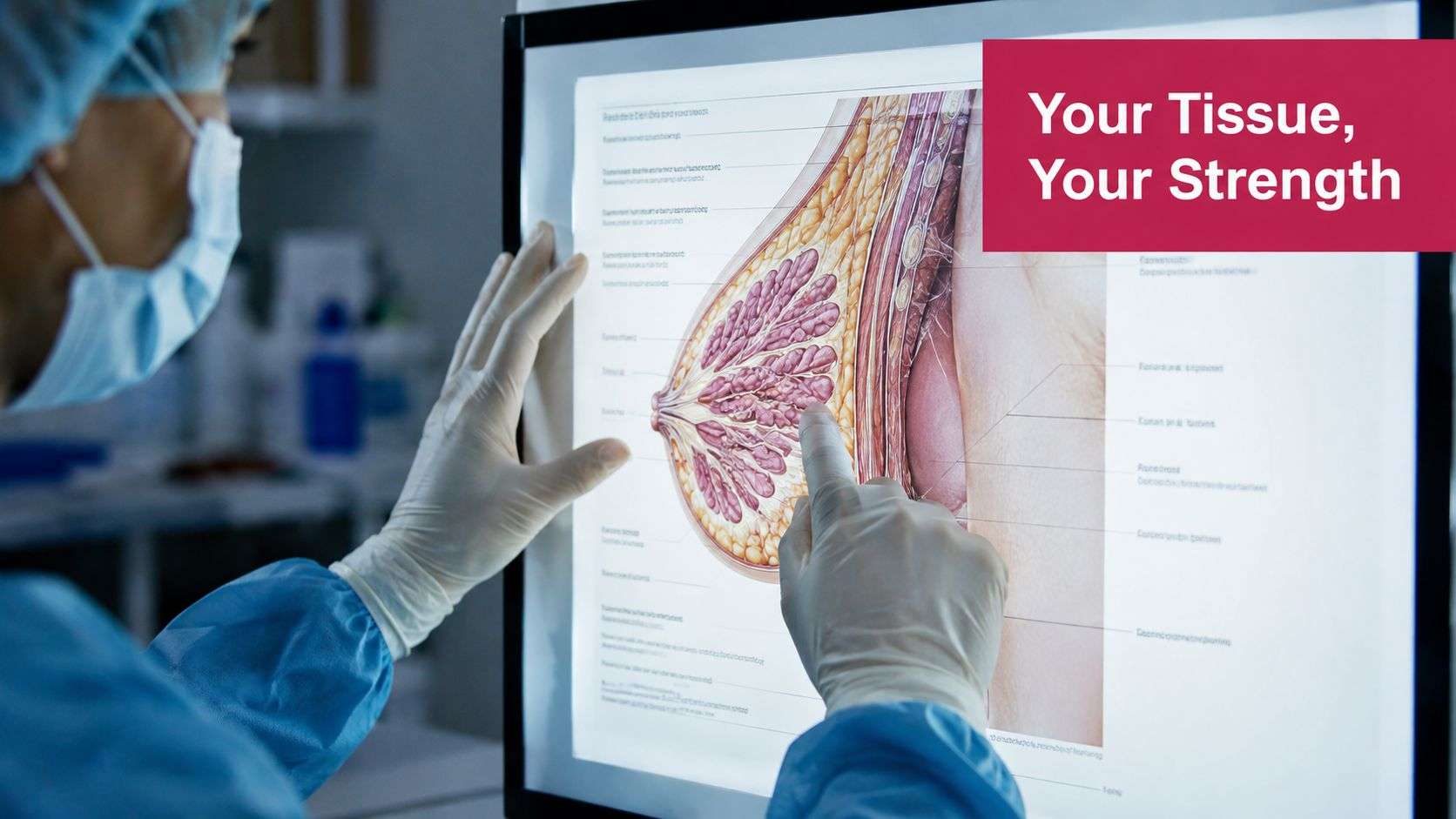 A surgeon pointing to a diagram of breast anatomy on a display screen in a medical office.