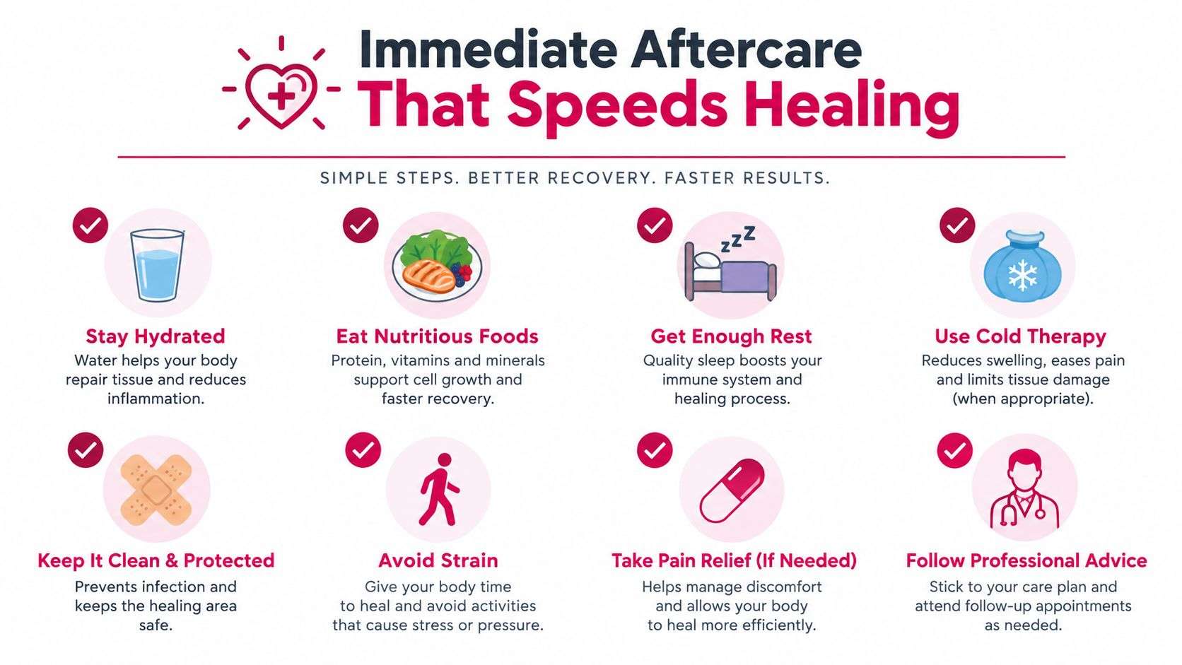 An infographic showing eight essential tips for immediate aftercare to speed up recovery after a surgical procedure.