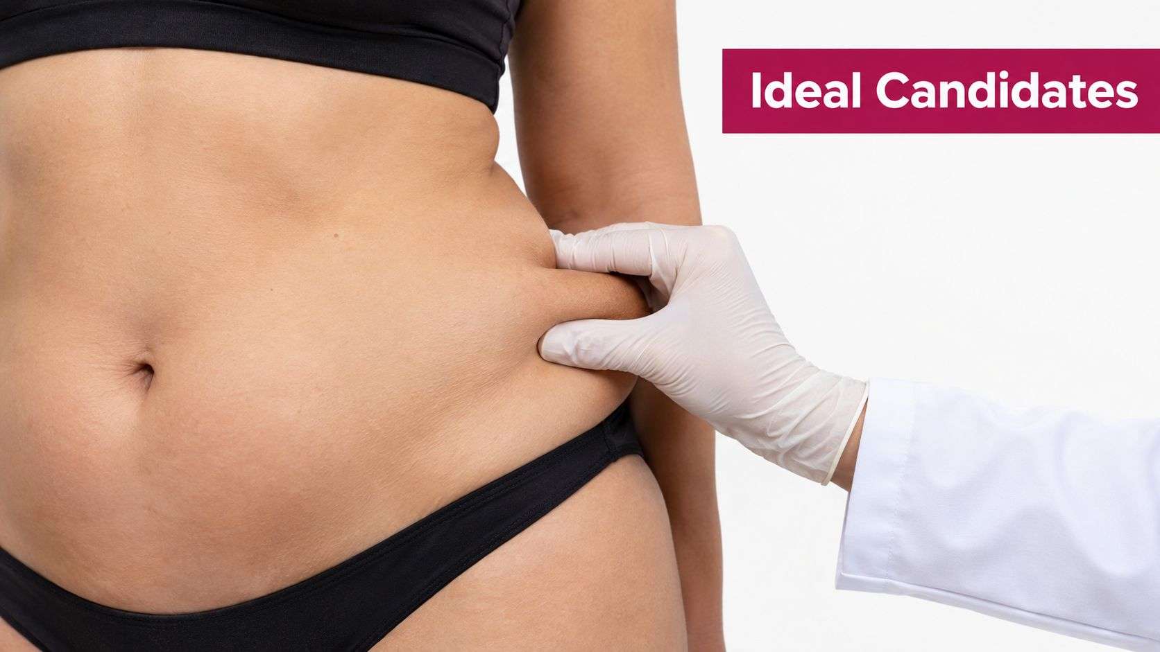 A doctor in a white coat and gloves assessing abdominal fat on a patient for cosmetic surgery.