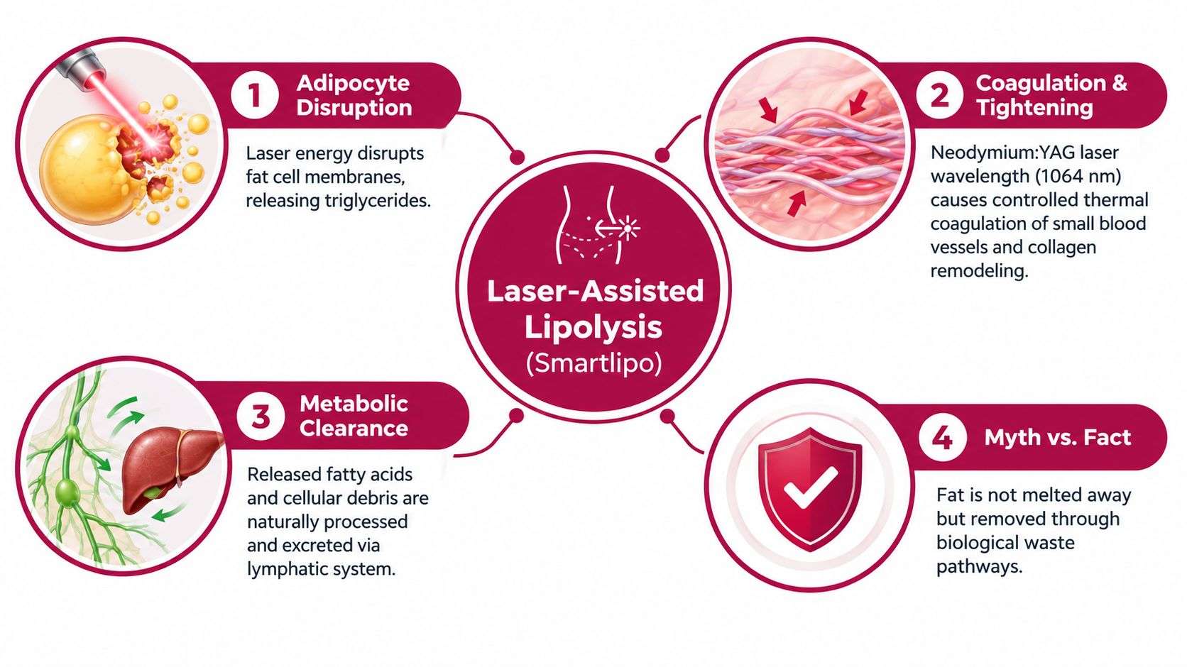 A four-step infographic explaining how Laser-Assisted Lipolysis or Smartlipo works to remove fat through natural biological pathways.