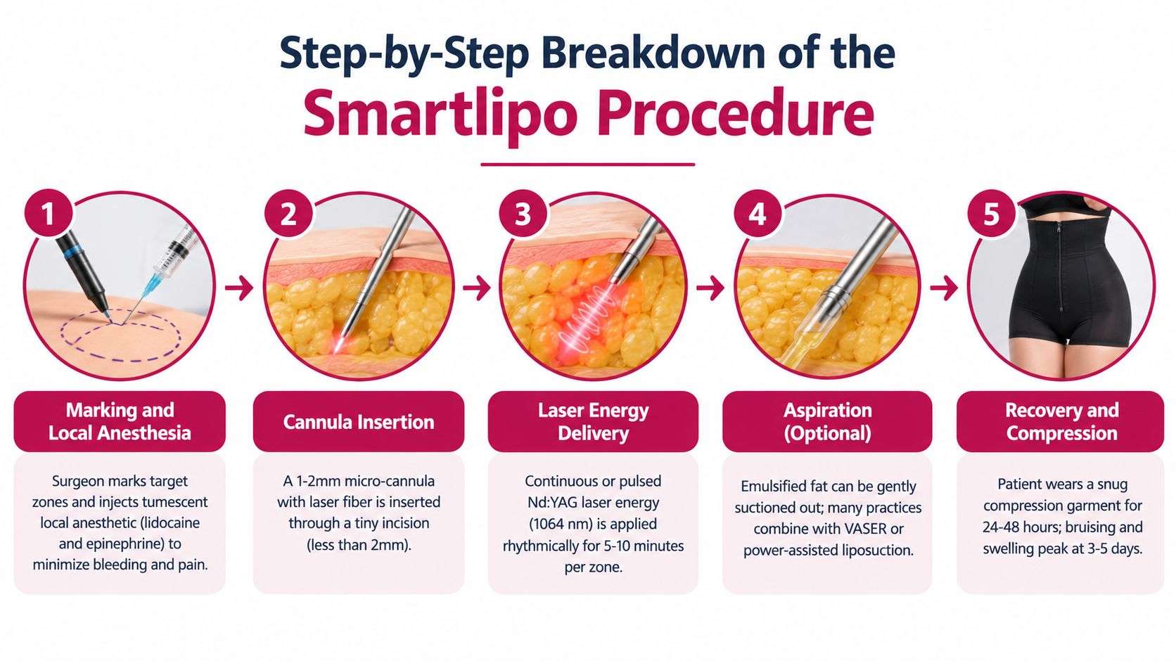 A step-by-step infographic illustrating the five stages of the Smartlipo laser-assisted liposuction procedure for fat removal.