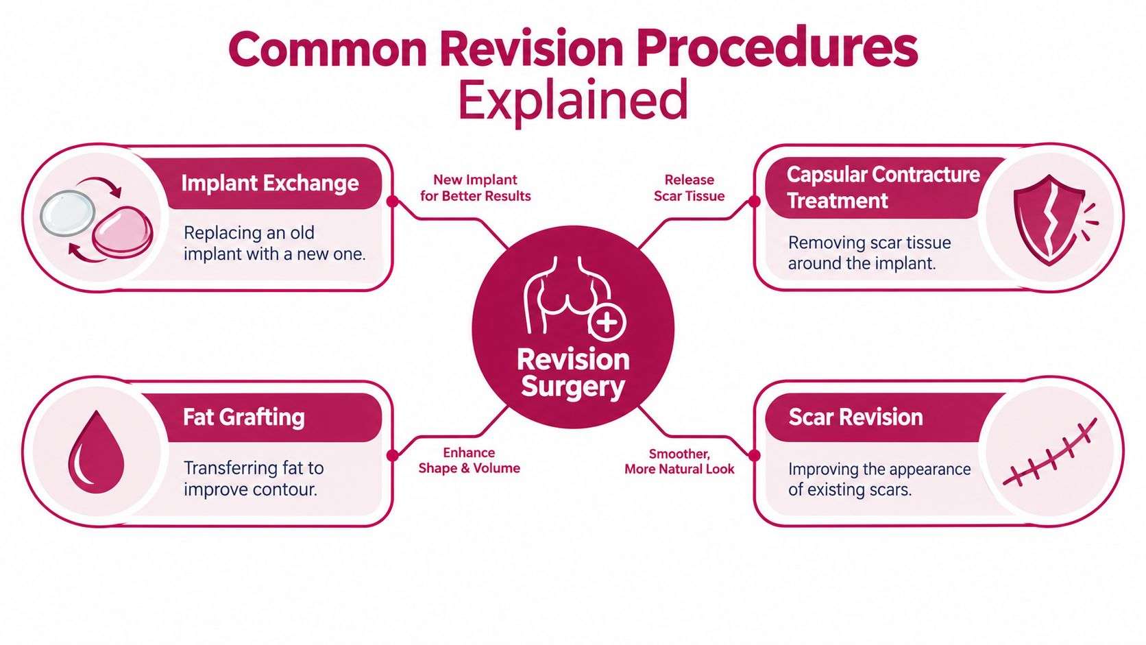An infographic showing four common breast revision surgery procedures, including implant exchange, fat grafting, scar revision, and contracture treatment.