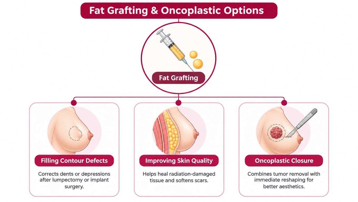 An educational diagram outlining fat grafting procedures and oncoplastic options for breast reconstruction surgery and recovery.
