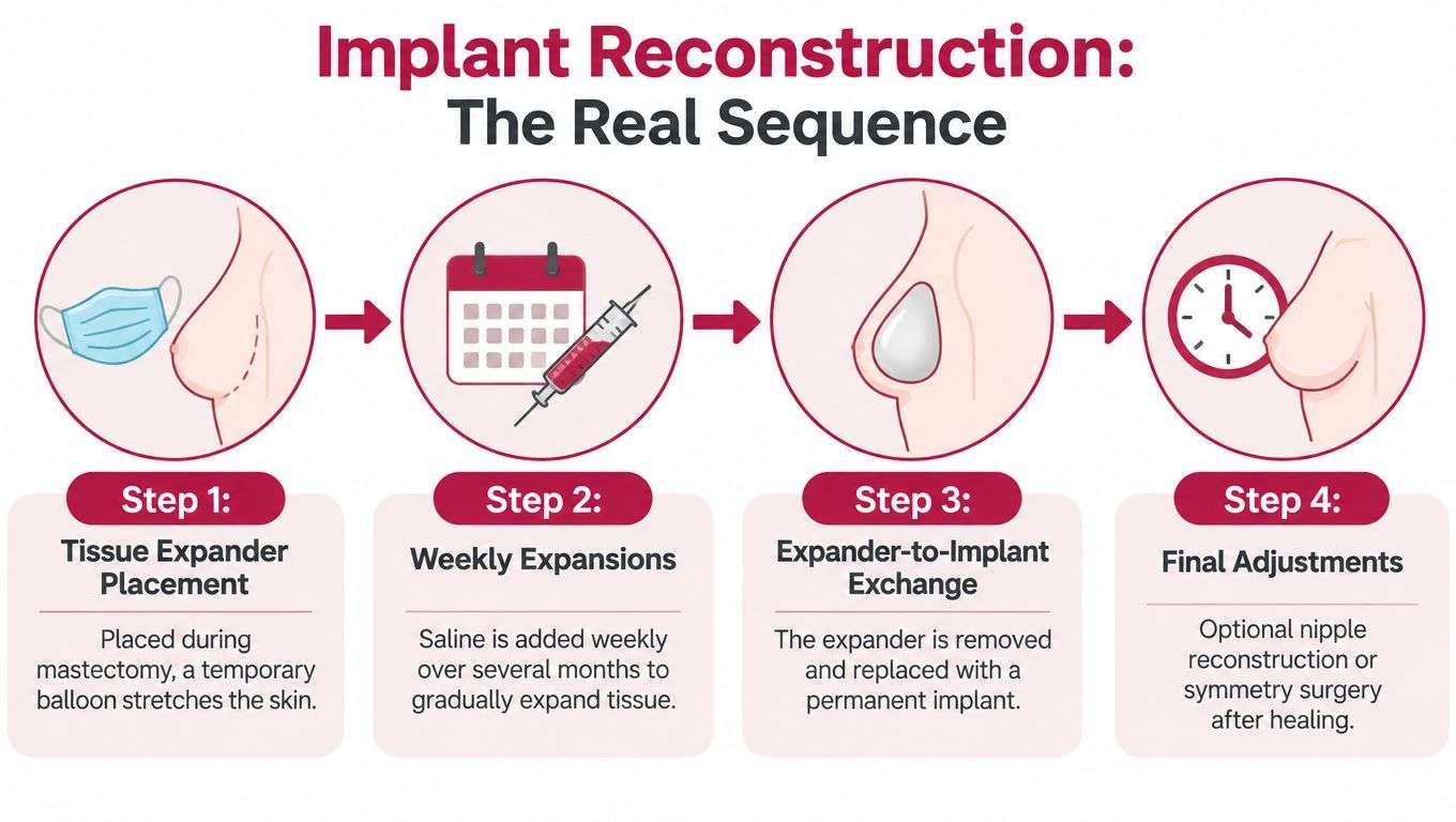 A four-step infographic illustrating the sequence of breast reconstruction surgery using tissue expanders and implants.