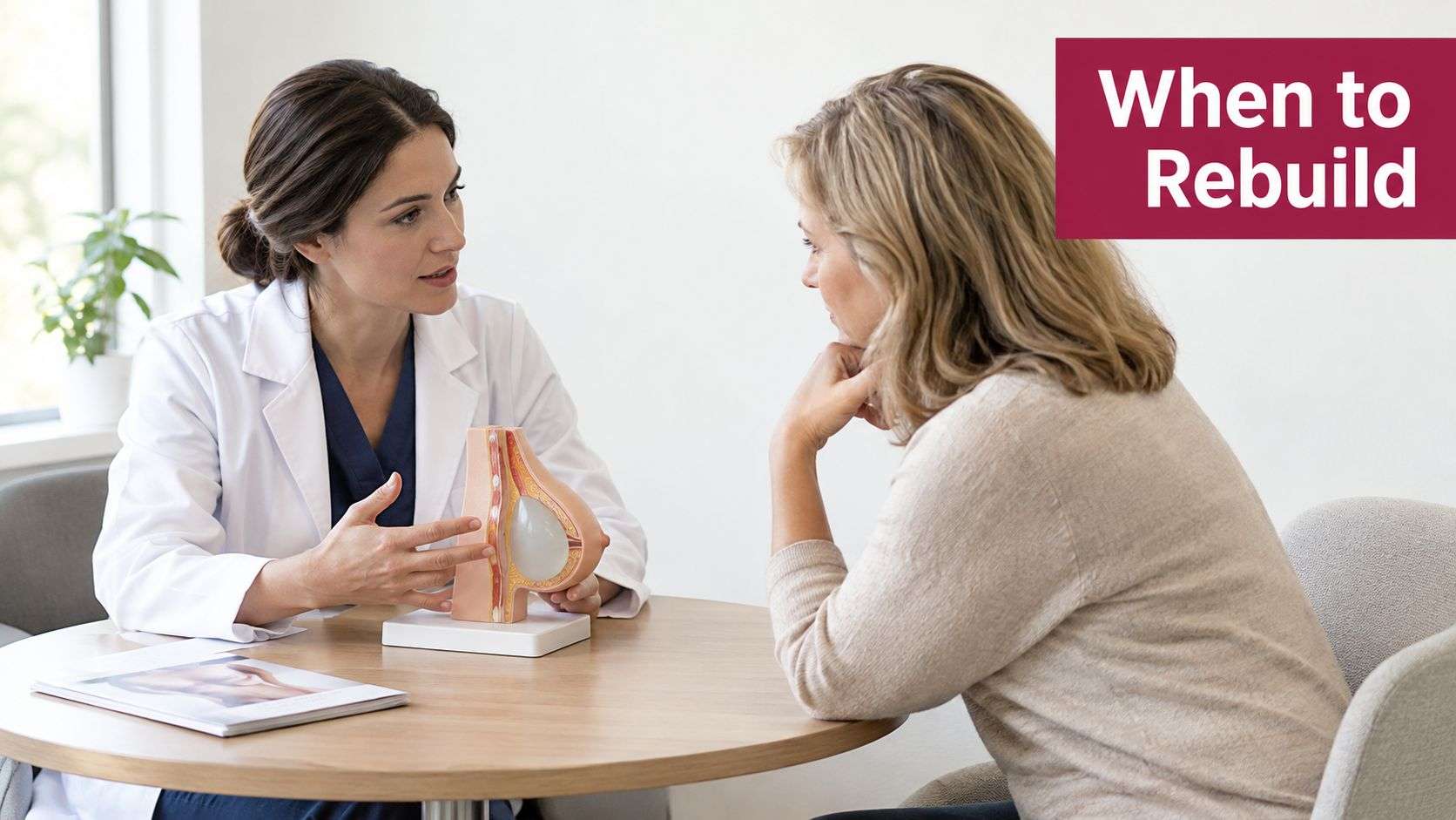 A female doctor in a white coat consulting a patient about breast reconstruction options using a model.