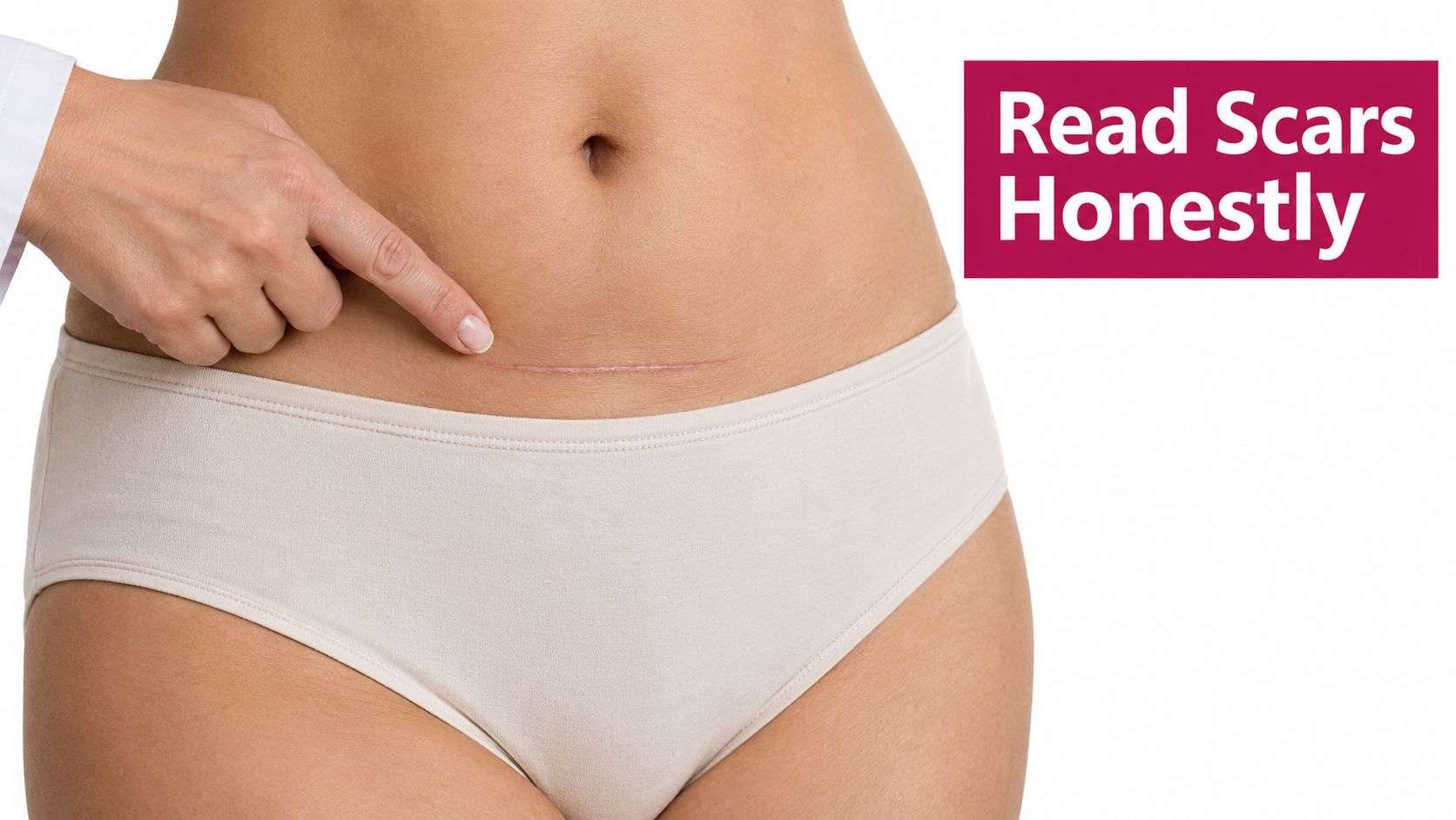 A close-up of a person pointing to a horizontal surgical scar on their lower abdomen.
