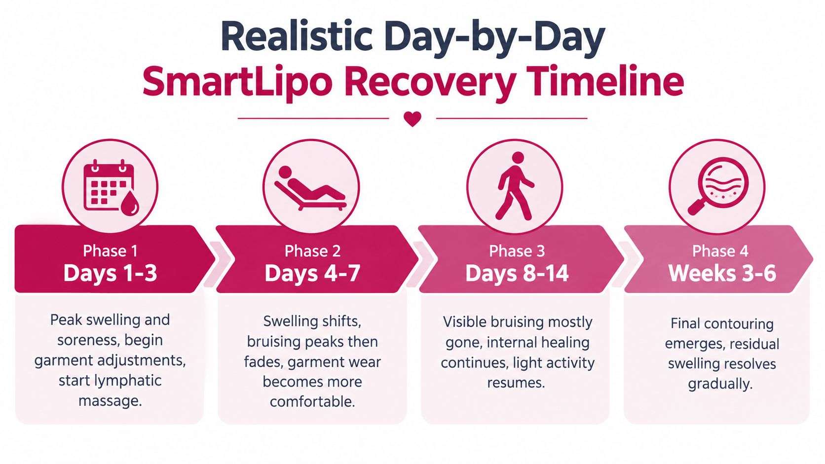 A four-phase SmartLipo recovery timeline infographic showing healing stages from the first three days to six weeks.