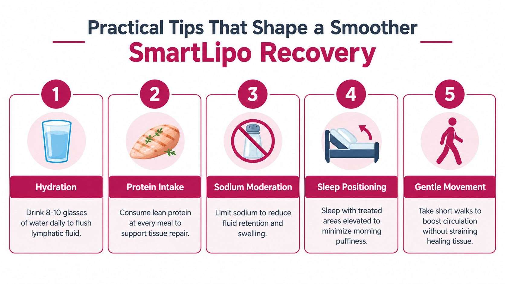 A helpful infographic showing five practical tips for recovery after a SmartLipo surgical procedure.